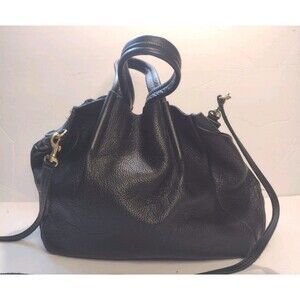 Genuine Pebbled Leather Open Slouchy Top Handle Crossbody Bag Black Suede Lining